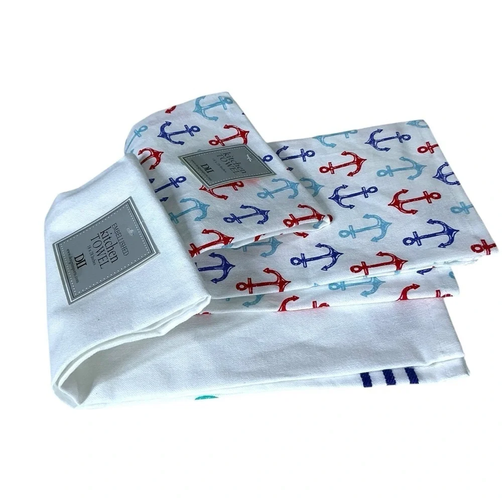 Sail Away Kitchen Towel Embellished Set Coastal Nautical Cotton Set 18 x 28 in